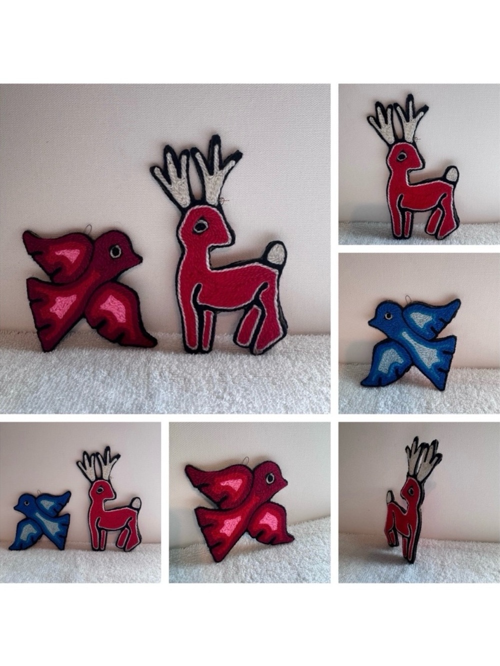 Vintage Yarn Ornaments 1950's Huichol Mexican Folk Art Set of Deer & Dove